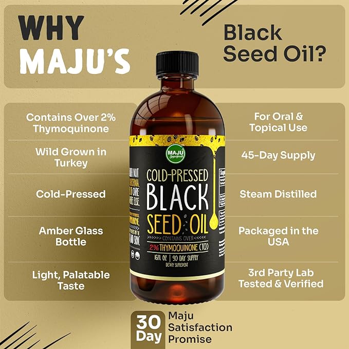 (B07XJZ7TDB) - MAJU's Black Cumin Seed Oil, 16oz - 3x% Thymoquinone, Cold Pressed, Non-GMO, 100% Turkish Black Seed Oil