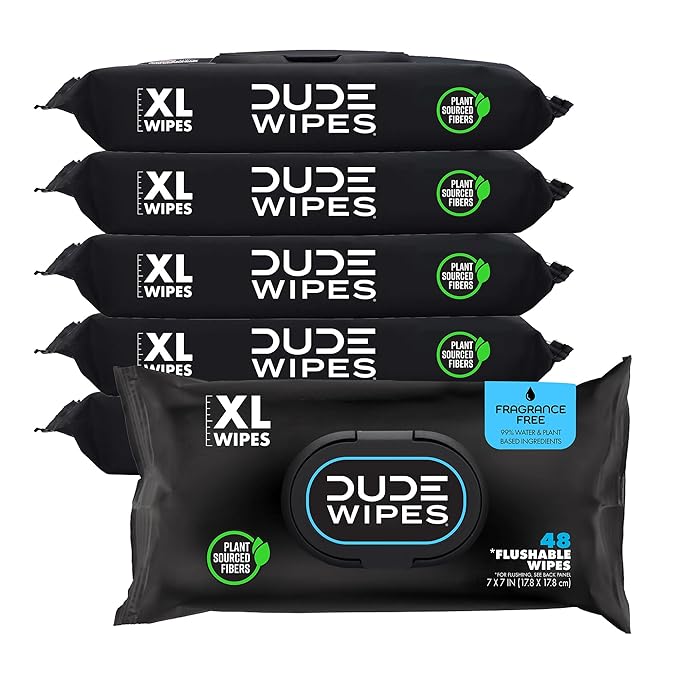 (B010NE2XPC) - DUDE Wipes - Flushable Wipes - 6 Pack, 288 Wipes - Unscented Extra-Large Adult Wet Wipes - Vitamin-E & Aloe - Septic and Sewer Safe