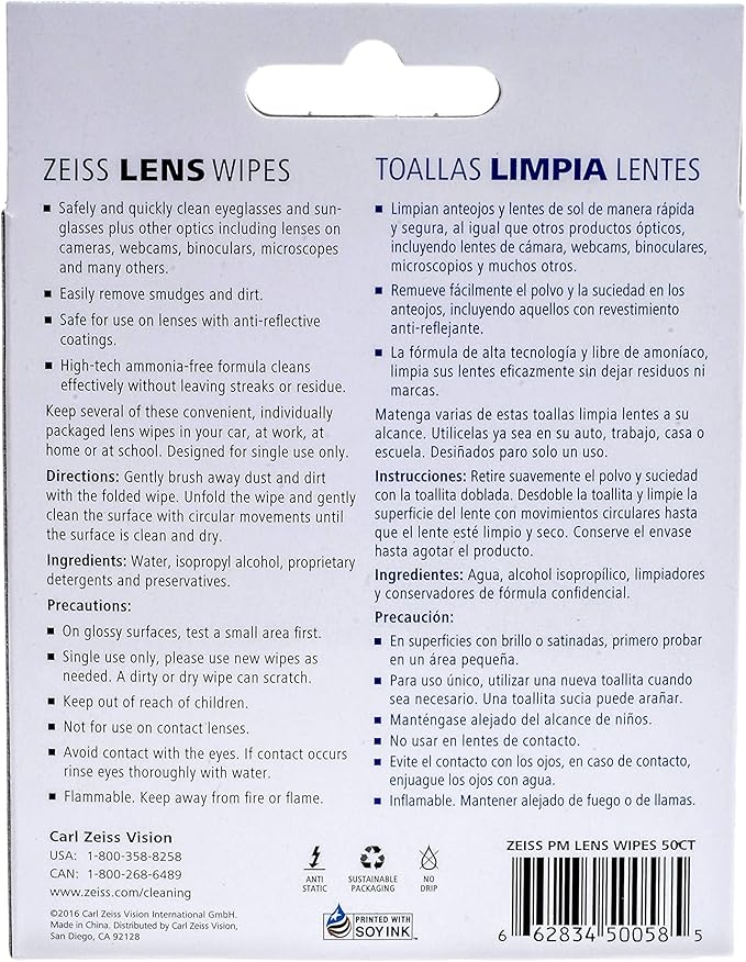 (B00AXYVUKM) - Zeiss Pre-Moistened Lens Cleaning Wipes - Cleans Bacteria, Germs and Without Streaks for Eyeglasses and Sunglasses - (50 Count)